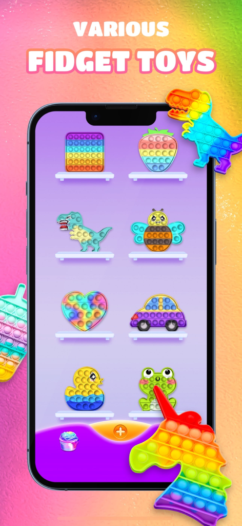 Magic Slime Simulator:ASMR - A selection of colorful virtual pop it fidget toys in various shapes like dinosaurs and hearts