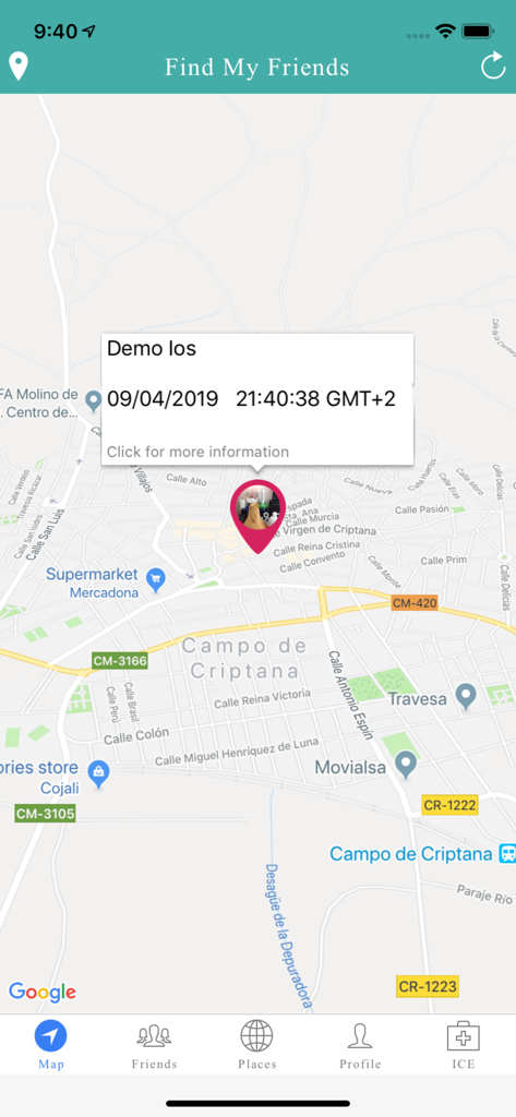 Find Friends - Localizame - Una pantalla de mapa en la aplicación Find Friends que muestra la ubicación de un contacto y la hora de la última actualización