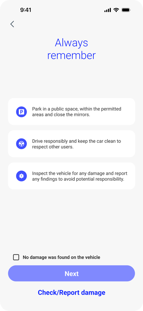 Caroo car sharing app instructions and damage report screen