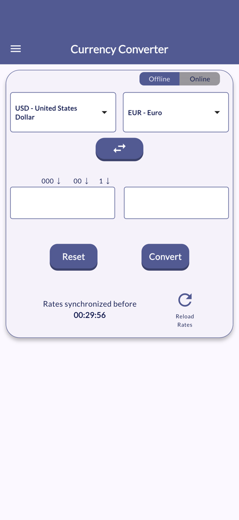 Real-Time Currency Converters - Interfaz del convertidor de divisas en tiempo real que muestra la conversión de USD a Euro