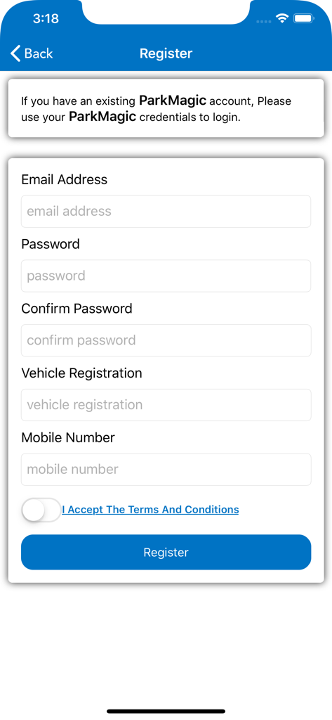 Tipperary eParking - User registration screen for the Tipperary eParking mobile application showing form fields for email password and vehicle registration