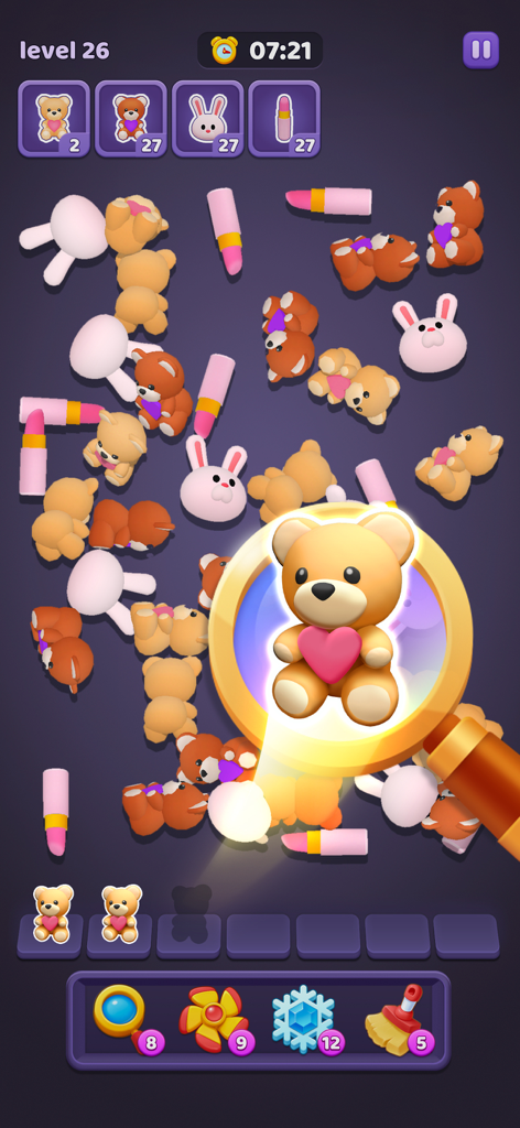 Gameplay of Match Family Triple Match 3D showing 3D items like teddy bears and a magnifying glass booster highlighting a target object.