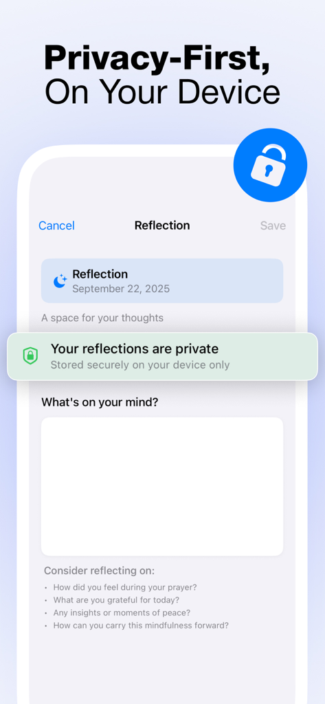Private prayer reflection and journaling screen in SalahScreen app