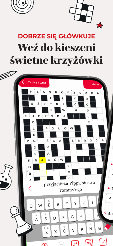 Krzyżówki Wyborczej - Pantalla de smartphone mostrando una interfaz de crucigrama polaco con una cuadrícula, pistas y un teclado nativo.