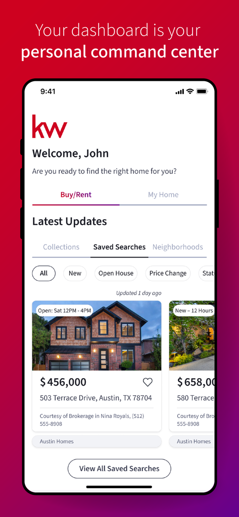KW Real Estate - KW Real Estate app dashboard displaying a personalized welcome message and saved property searches for homes in Austin Texas