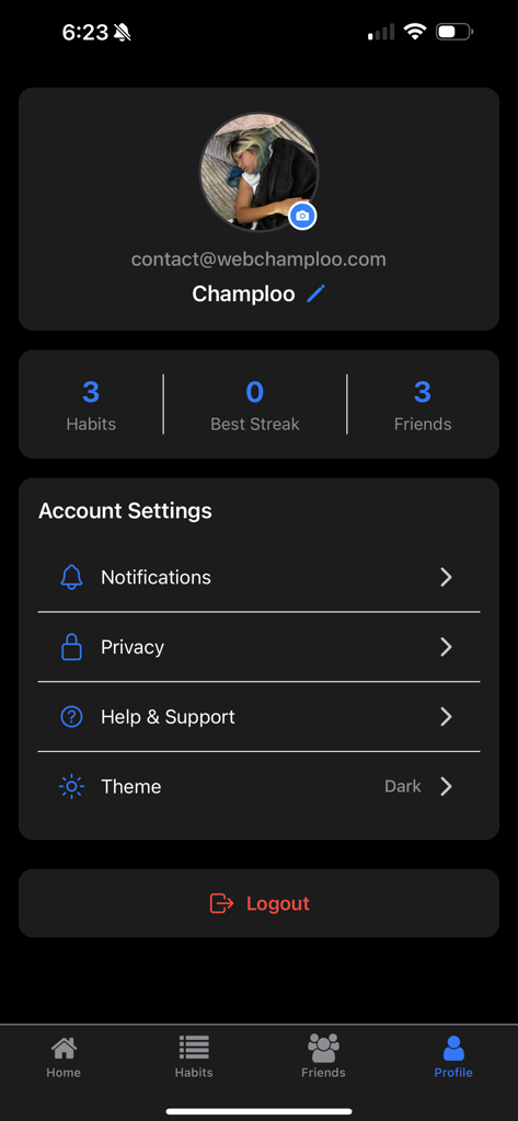 Tandem: Better habits together - Pantalla de perfil de la aplicación Tandem que muestra estadísticas del usuario y ajustes de la cuenta