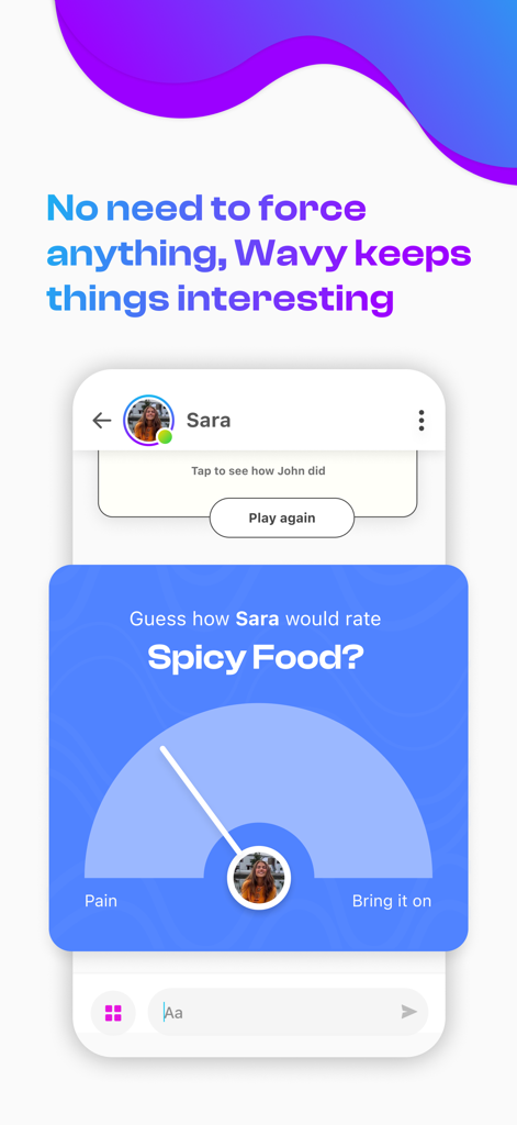 Smitten - a fun dating app - Smitten dating app interface showing the Wavy game feature with a spicy food rating slider