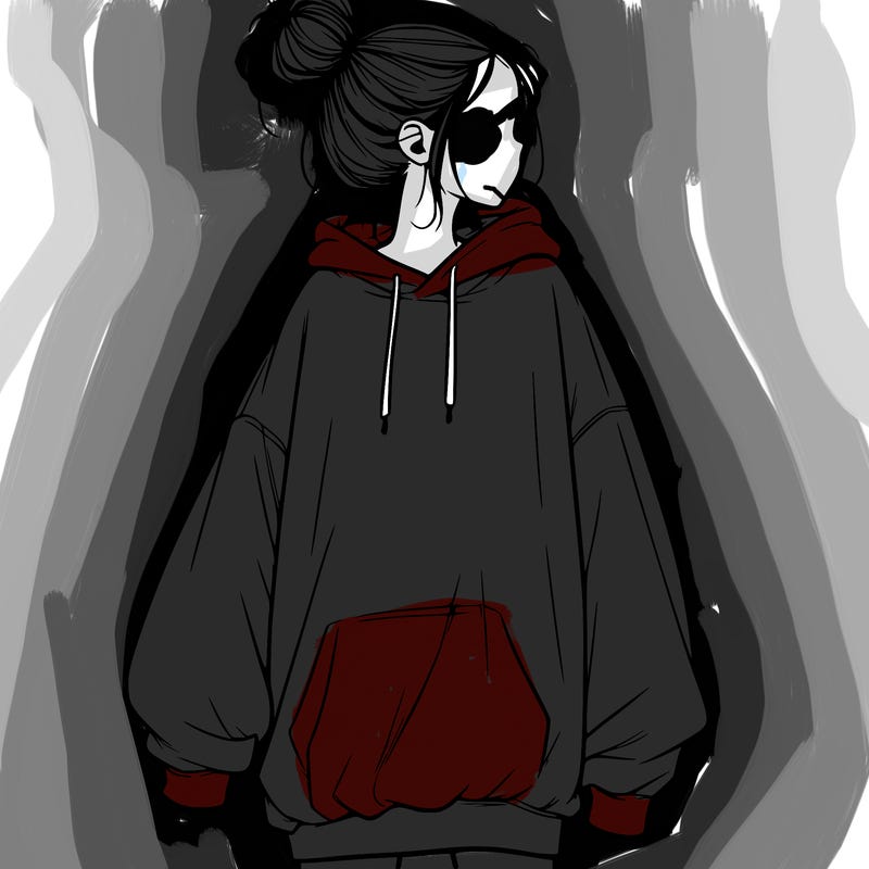 realistic girl with a oversized sweatshirt on and a bun