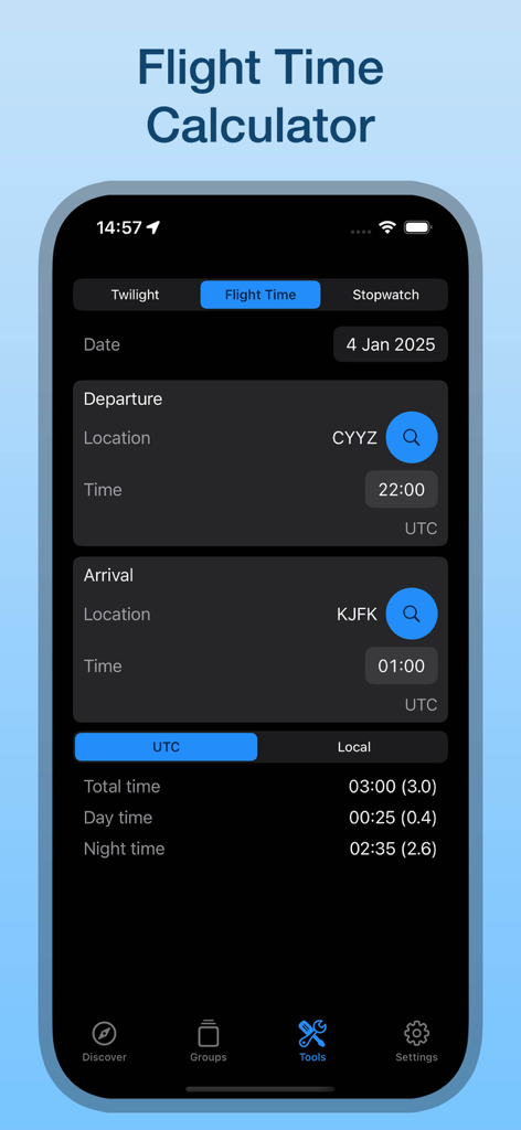 Flight time calculator screen in WX Aviation Weather app showing total day and night log times for a flight