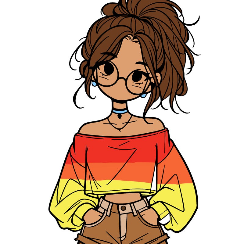 girl with a messy ponytail glasses a baggy crop top and jean shorts