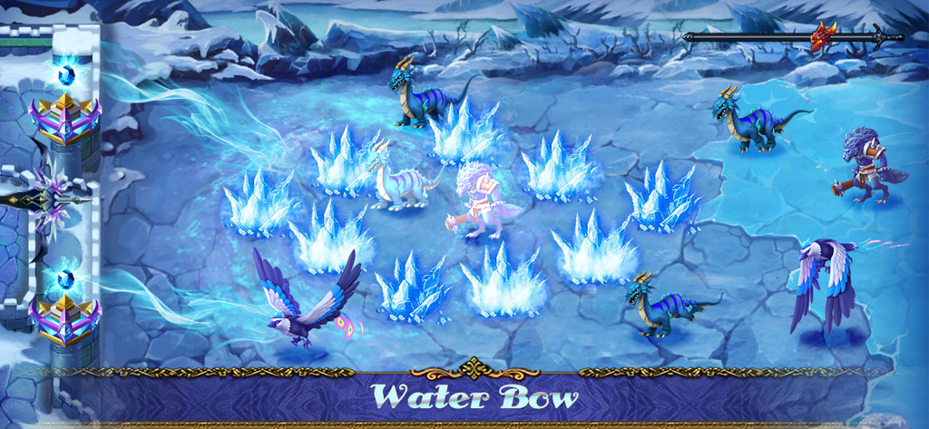 Defender III - Defender III tower defense gameplay showing a water bow ice attack on a snow mountain level.