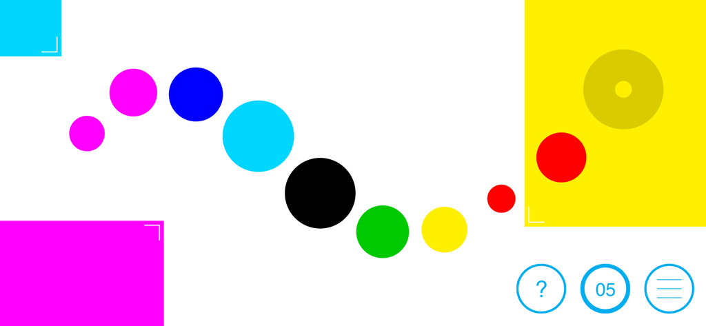Overpaint game screen featuring colorful circles in a wave and geometric squares