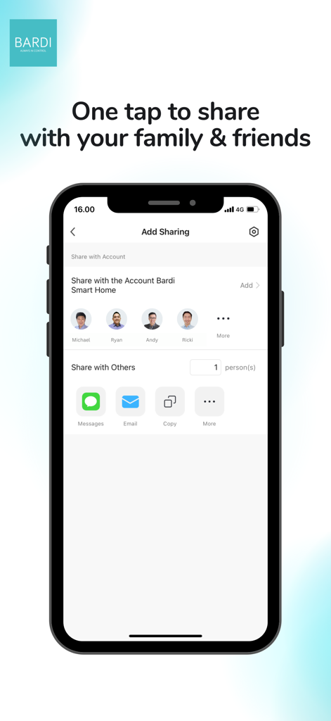 Interface do aplicativo BARDI Smart Home mostrando opções para compartilhar acesso a dispositivos domésticos com familiares e amigos.