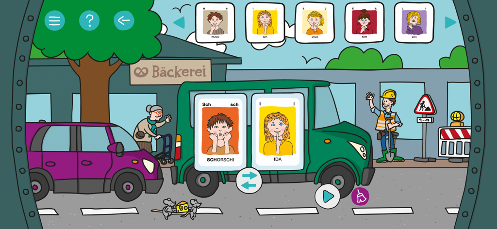 Artikulation - Interfaz educativa que muestra gestos sonoros y personajes de dibujos animados para practicar la articulación alemana.