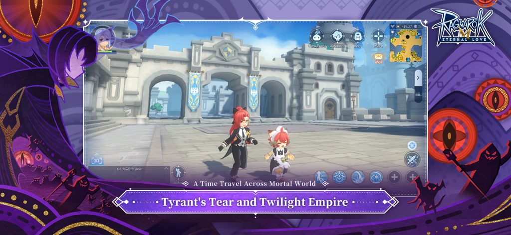 Dois personagens de anime em uma praça em Ragnarok M Eternal Love