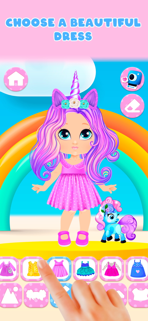 Dress up: games for girls - A child choosing a colorful dress for a cute baby doll with purple hair and a unicorn pet