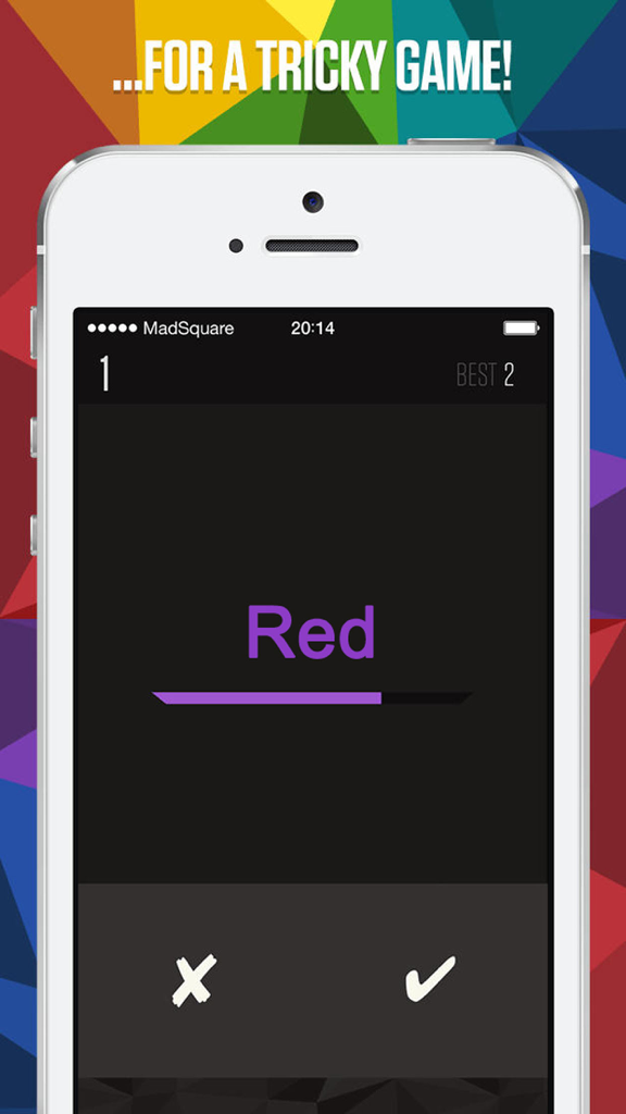 Screenshot of ColorNot brain teaser game showing a color word challenge on a smartphone