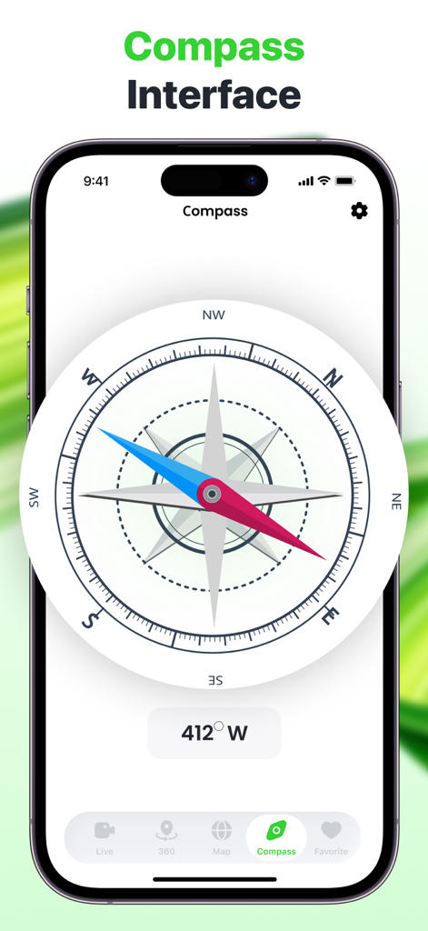 Live World Map - Interface de bússola do aplicativo Mapa Mundial ao Vivo mostrando orientação direcional e graus