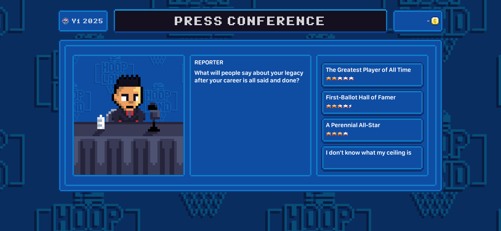 Hoop Land - Pantalla de juego de baloncesto de pixel art que muestra una conferencia de prensa con opciones de diálogo sobre el legado del jugador