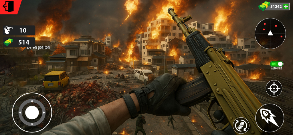Survive: Zombie Shooting Games - A first-person view of a survivor holding a golden rifle in a burning urban environment from Survive Zombie Shooting Games.