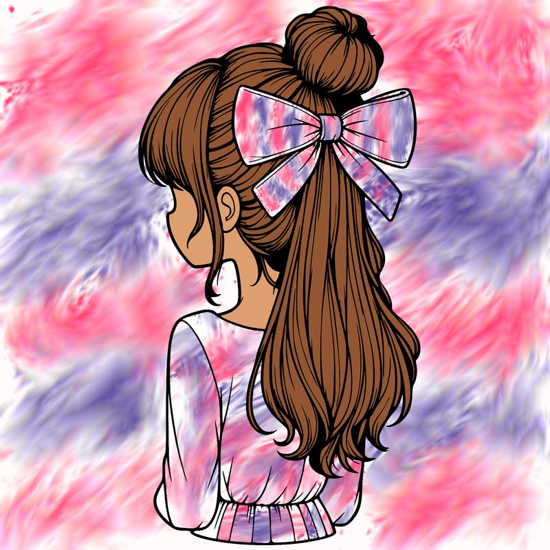 realistic girl  with hip length hair a bun and a big bow on the back of head