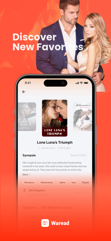 Bildschirm der Waread-App, der den Roman 'Lone Lunas Triumph' mit Werwolf- und Alpha-Romanzen-Tags zeigt