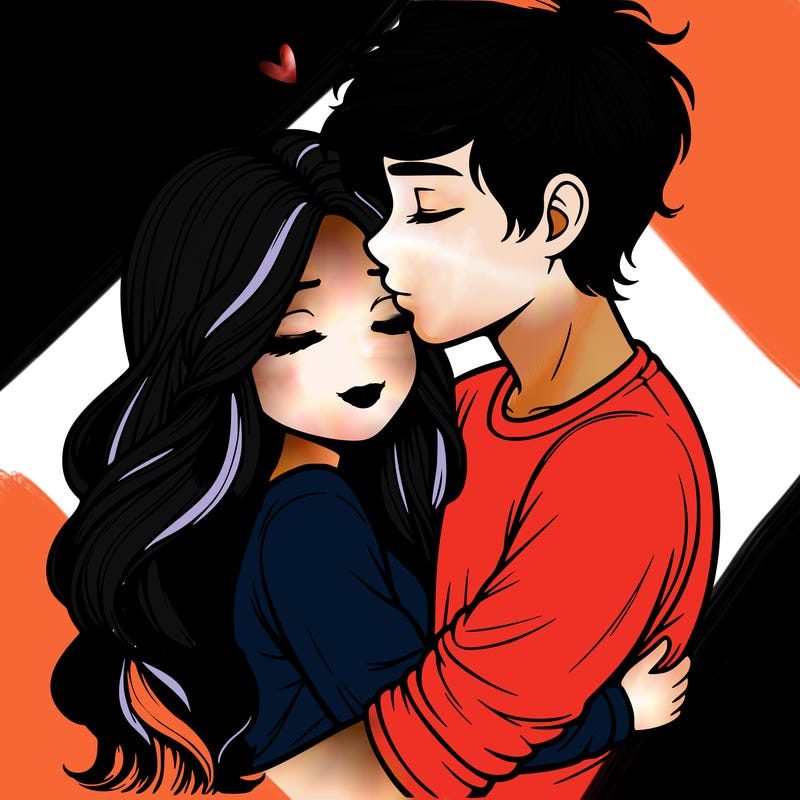 a realistic couple boy and girl hugging and kissing