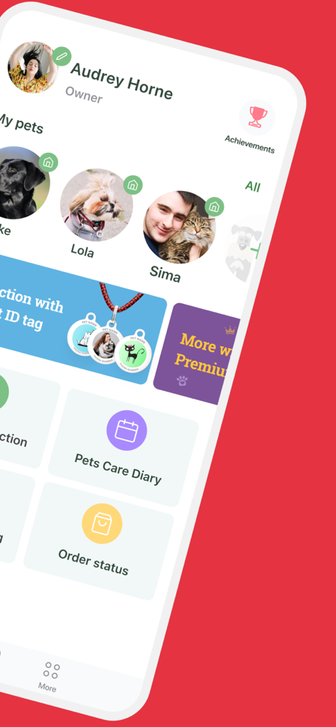 WAUDOG Smart ID - WAUDOG Smart IDアプリのインターフェース。登録されたペットとケアダイアリーのオプションが表示されたペットの飼い主プロフィールを表示しています
