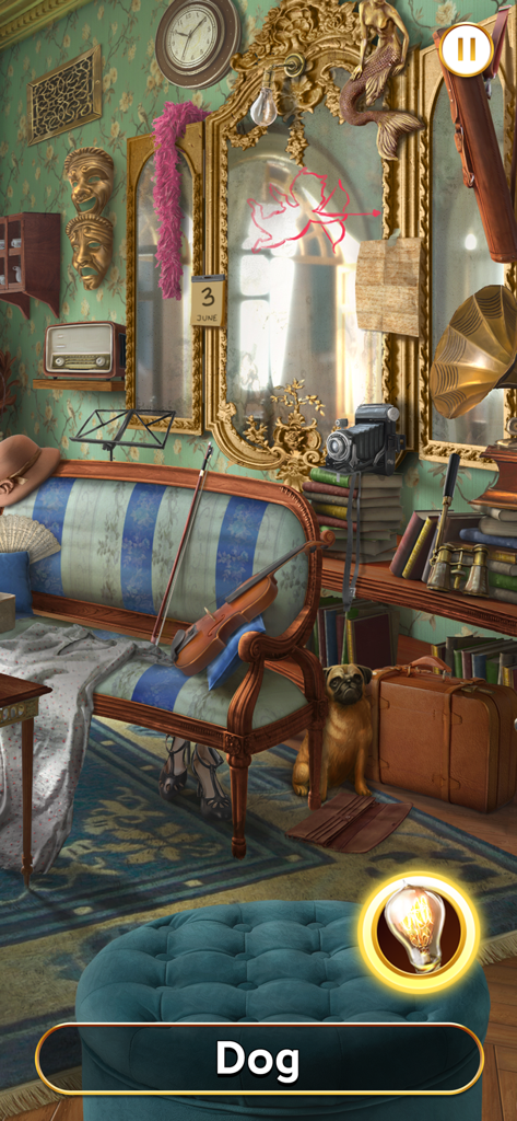 Una escena de juego de objetos ocultos en Junes Journey que muestra una habitación vintage con un perro pug y decoración de los años 20