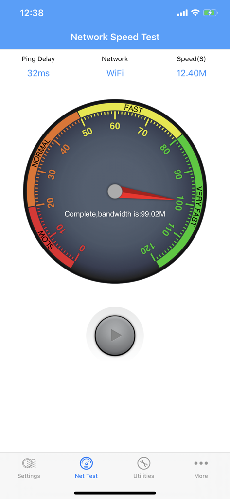 Interfaz de prueba de velocidad de red mostrando la medición del ancho de banda WiFi y el retraso del ping