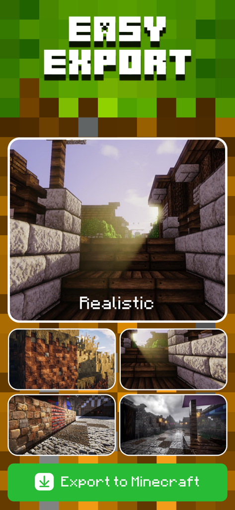 쉬운 마인크래프트 내보내기 버튼이 있는 사실적인 마인크래프트 텍스처 팩을 보여주는 스크린샷