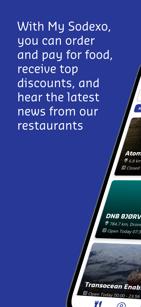 Écran promotionnel de l'application MySodexo expliquant comment commander des plats, payer et obtenir des réductions