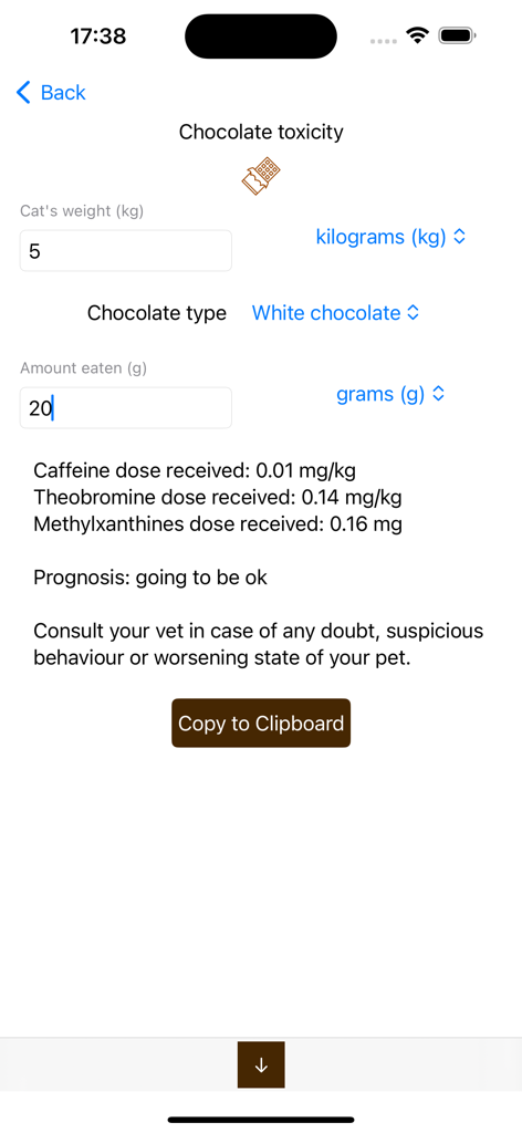 A mobile app screen for calculating chocolate toxicity in cats based on weight and amount consumed