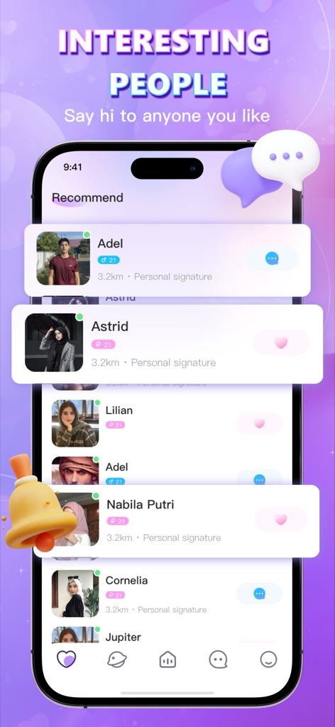 HATI: NGL, Chat, Voice Party - Hati app screen displaying a list of recommended local users and the text Interesting People.