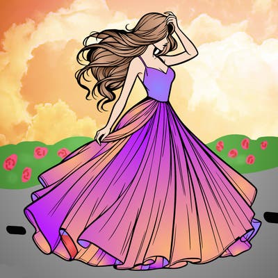 realistic woman with dress flowing in the wind