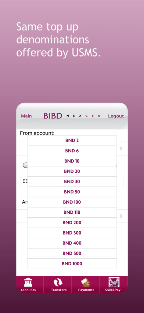 Uma tela de mobile banking mostrando uma seleção de valores de recarga em Dólares de Brunei, variando de 2 a 1000 BND.