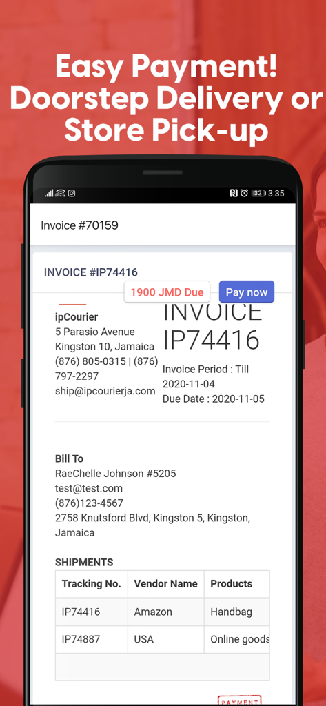 ipCourier - Screenshot of the ipCourier app showing a shipping invoice with a pay now button and shipment tracking details for items like a handbag from Amazon.