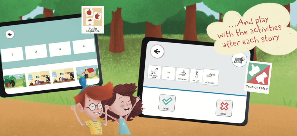 Tadà - Two happy children next to tablets displaying educational games and AAC symbol-based activities from the Tada app.
