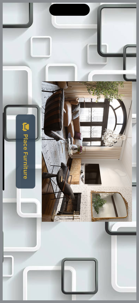 Designify Interiors - Interface de l'application Designify Interiors présentant un agencement de salon luxueux et un bouton Placer des meubles