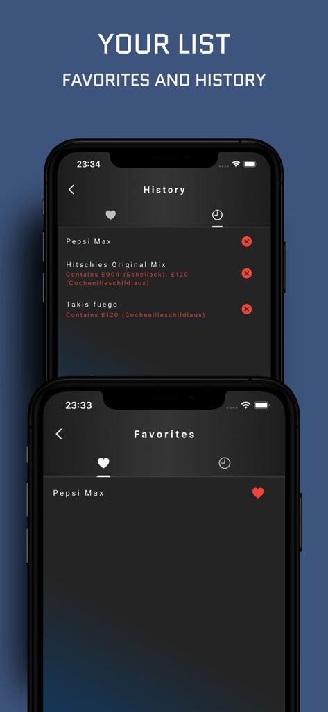 Insect Food Scanner - Bildschirm der Insekten-Lebensmittelscanner-App, der den Scanverlauf und Favoriten mit Warnhinweisen zu Inhaltsstoffen anzeigt