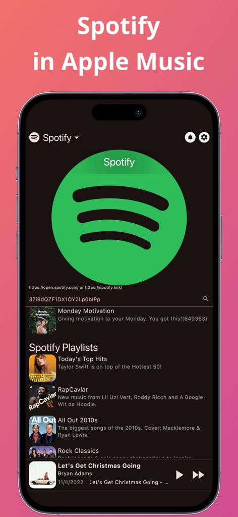Interface of the Meows app showing Spotify playlists like Today Top Hits and RapCaviar ready for Apple Music playback
