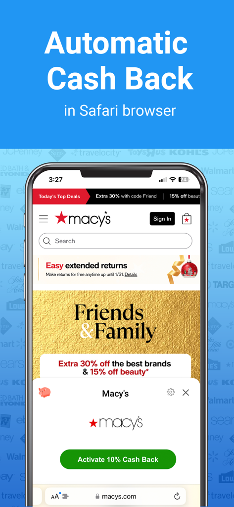BeFrugal Cash Back & Coupons - Automatic cash back activation with BeFrugal Safari extension on Macys store
