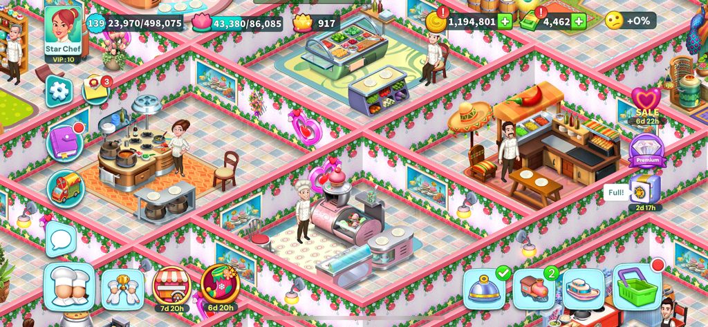Isometric gameplay view of a decorated restaurant with chefs and cooking stations in Star Chef 2
