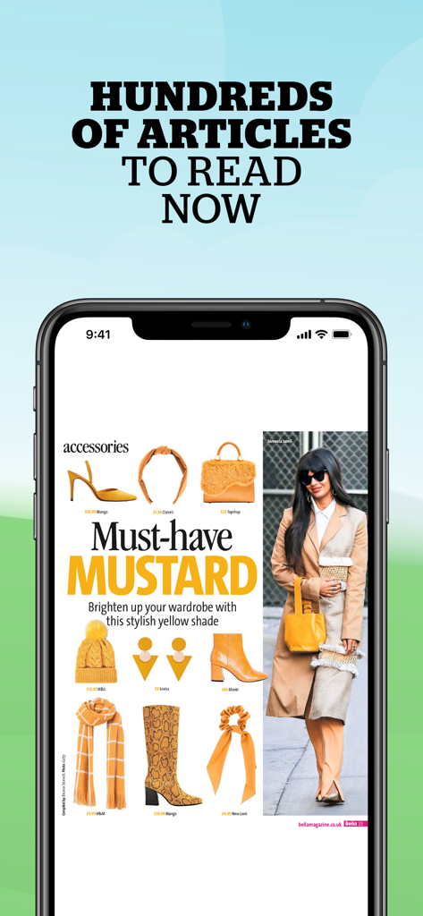 Bella Magazine - iPhone screen displaying a Bella Magazine fashion article titled Must-have MUSTARD featuring yellow clothing and accessories.