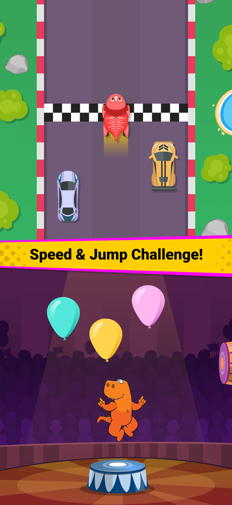 Dinosaur themed racing game and jumping challenge mini games for kids
