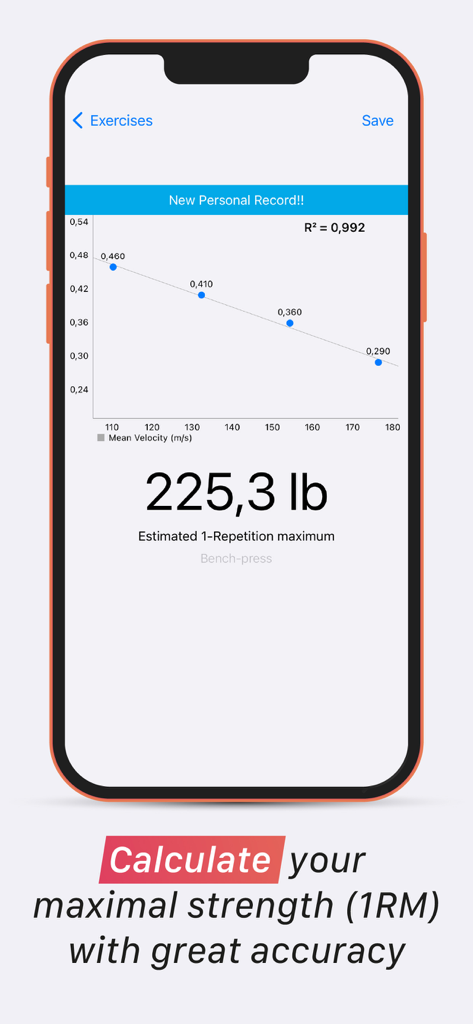 Interface de l'application My Jump Lab montrant un calcul estimé de force maximale 1RM pour le développé couché avec un graphique charge-vitesse.