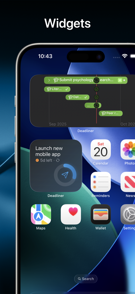 Pantalla de inicio de iPhone mostrando widgets de la aplicación Deadliner para el progreso de las tareas y líneas de tiempo de proyectos