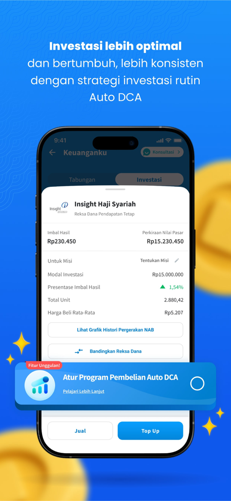 FUNDtastic - Interfaz de aplicación móvil que muestra detalles de la cartera de inversión y una función de promediación automática del costo en dólares