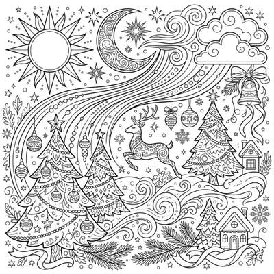Explore a charming blend of natural wonders and festive joy with this minimalist Christmas coloring page. Featuring elegant line art of weather elements, decorated trees, and a flying reindeer, it offers a serene and engaging coloring experience.