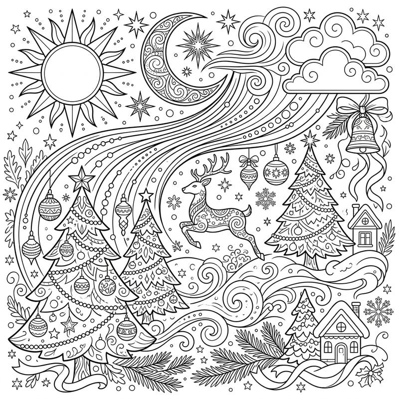 Explore a charming blend of natural wonders and festive joy with this minimalist Christmas coloring page. Featuring elegant line art of weather elements, decorated trees, and a flying reindeer, it offers a serene and engaging coloring experience.